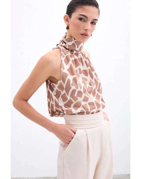 Boğazlı Kolsuz Bluz - Bej-Camel