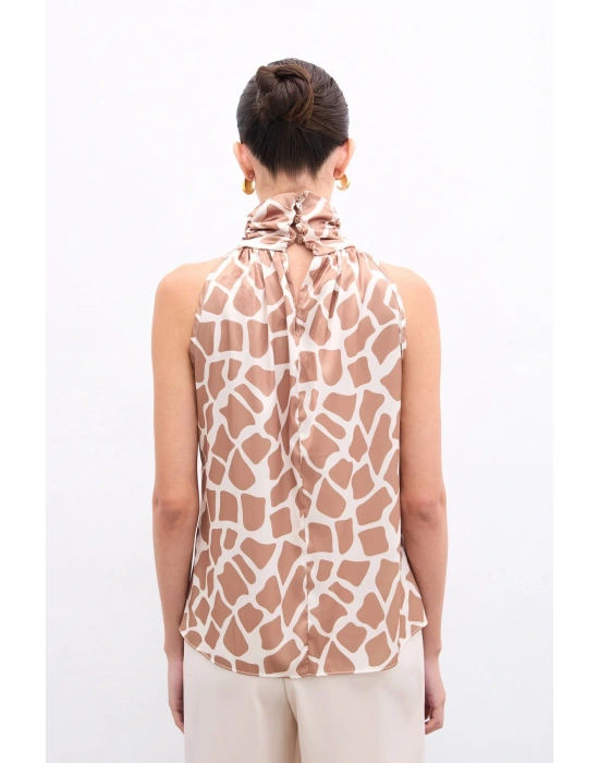 Boğazlı Kolsuz Bluz - Bej-Camel