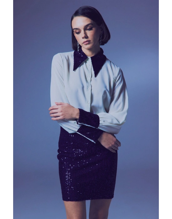 Payet Detaylı Gömlek - Ekru-Lacivert