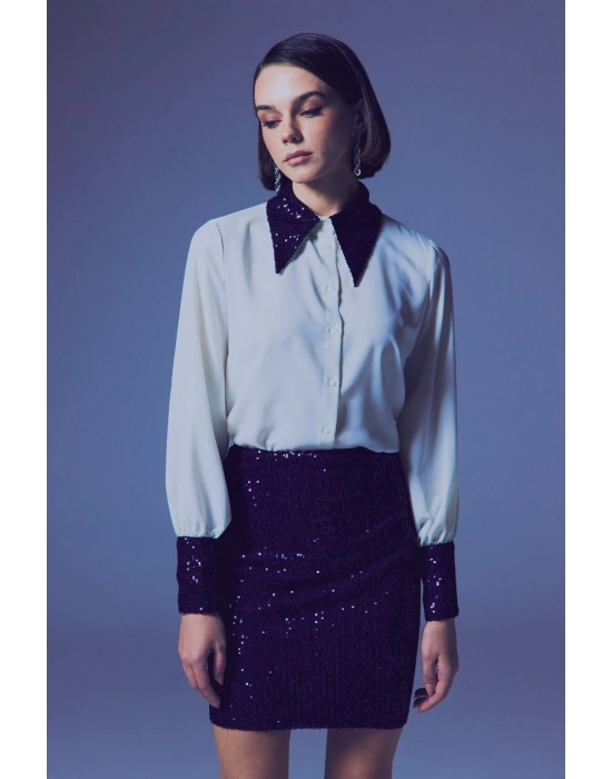 Payet Detaylı Gömlek - Ekru-Lacivert