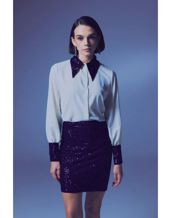 Payet Detaylı Gömlek - Ekru-Lacivert