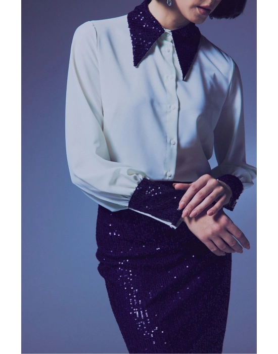 Payet Detaylı Gömlek - Ekru-Lacivert