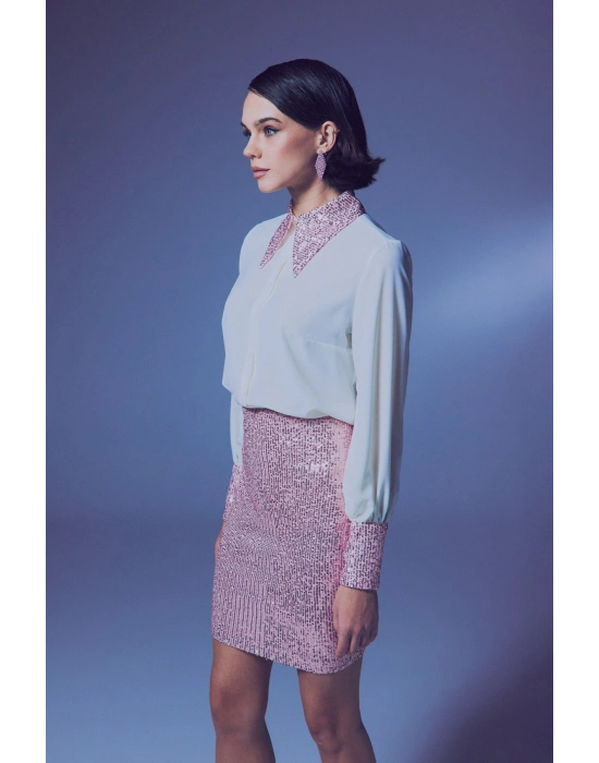 Payet Detaylı Gömlek - Ekru-Pudra