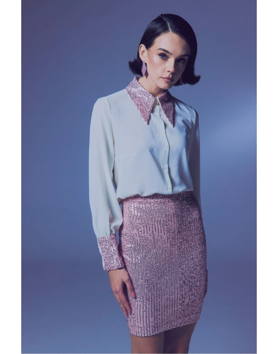 Payet Detaylı Gömlek - Ekru-Pudra