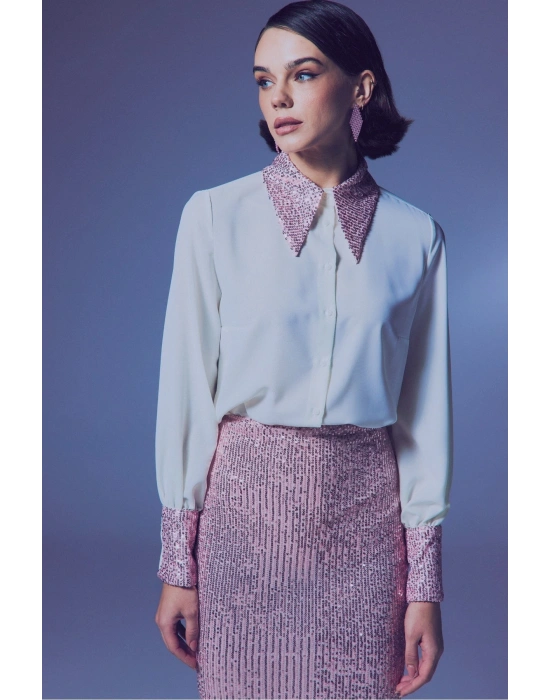 Payet Detaylı Gömlek - Ekru-Pudra