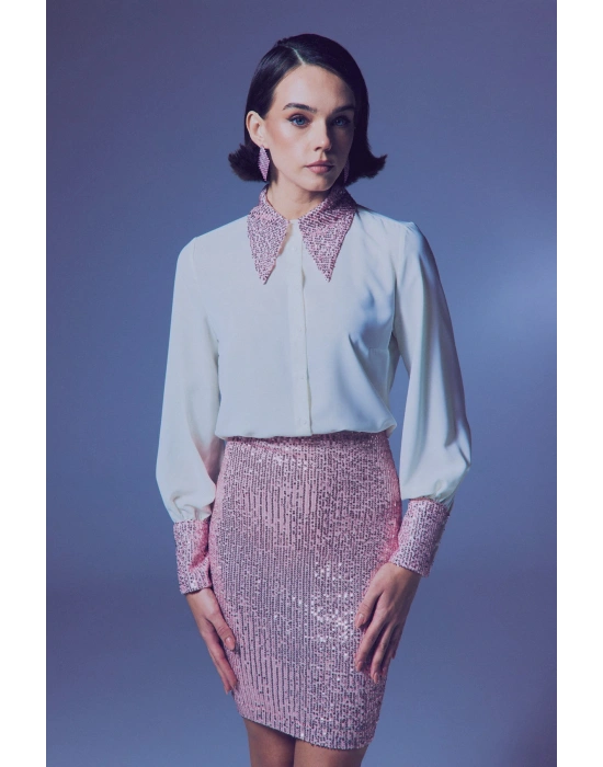 Payet Detaylı Gömlek - Ekru-Pudra