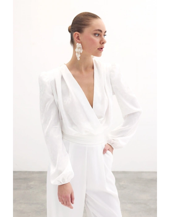 Kruvaze Desenli Bodysuit Bluz - Ekru