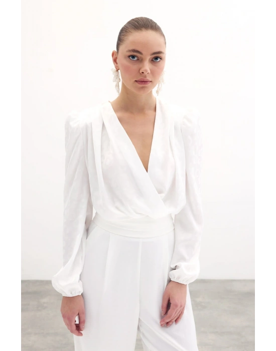 Kruvaze Desenli Bodysuit Bluz - Ekru