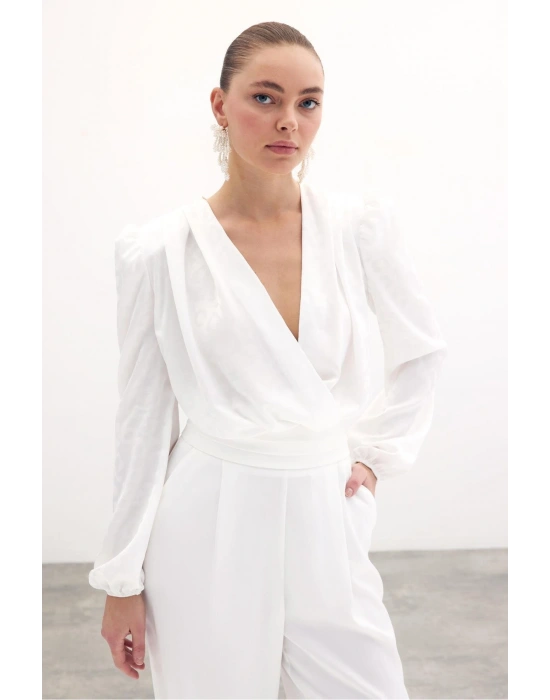 Kruvaze Desenli Bodysuit Bluz - Ekru