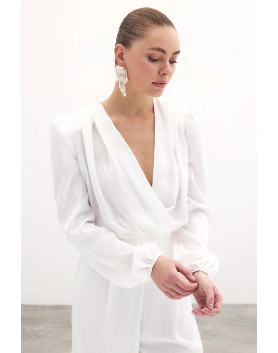 Kruvaze Desenli Bodysuit Bluz - Ekru