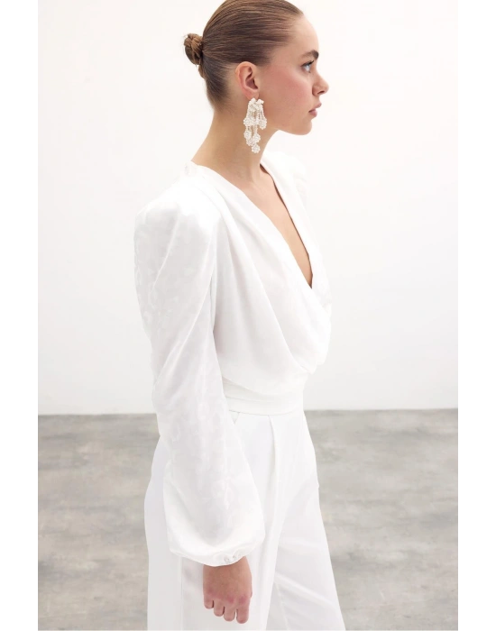 Kruvaze Desenli Bodysuit Bluz - Ekru