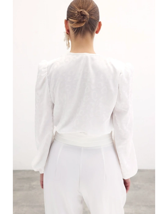 Kruvaze Desenli Bodysuit Bluz - Ekru