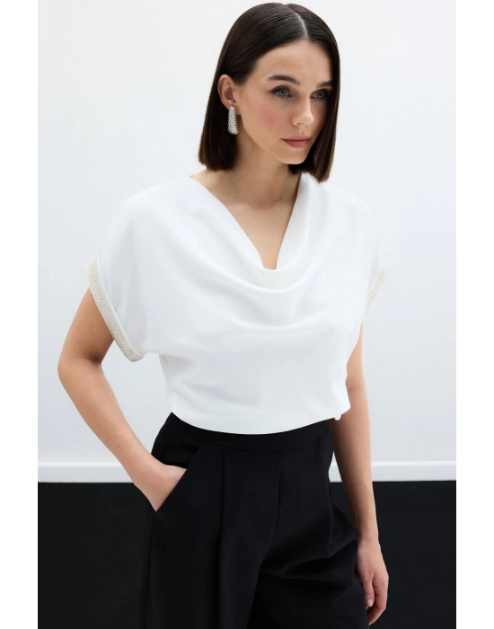 Kollar Taş Detaylı Salaş Bluz - Ekru