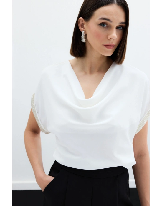 Kollar Taş Detaylı Salaş Bluz - Ekru