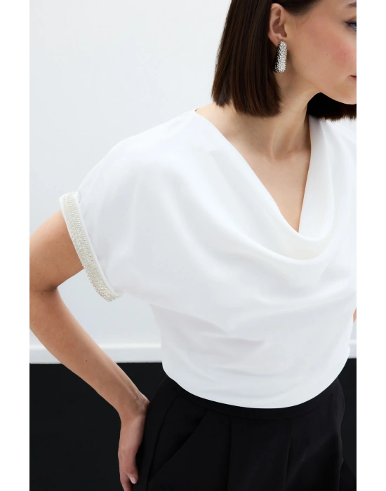 Kollar Taş Detaylı Salaş Bluz - Ekru