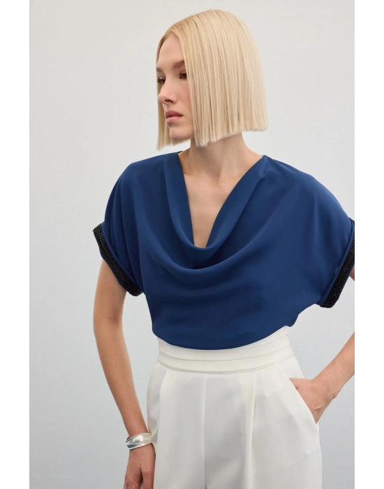 Kollar Taş Detaylı Salaş Bluz - İndigo