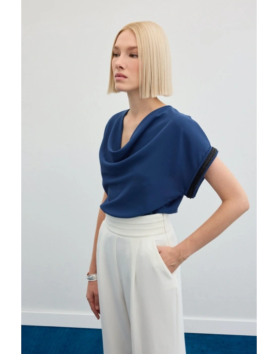 Kollar Taş Detaylı Salaş Bluz - İndigo