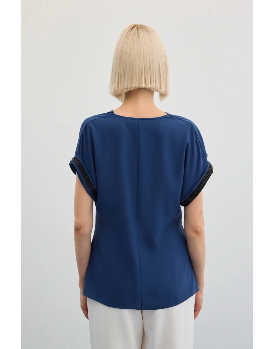 Kollar Taş Detaylı Salaş Bluz - İndigo