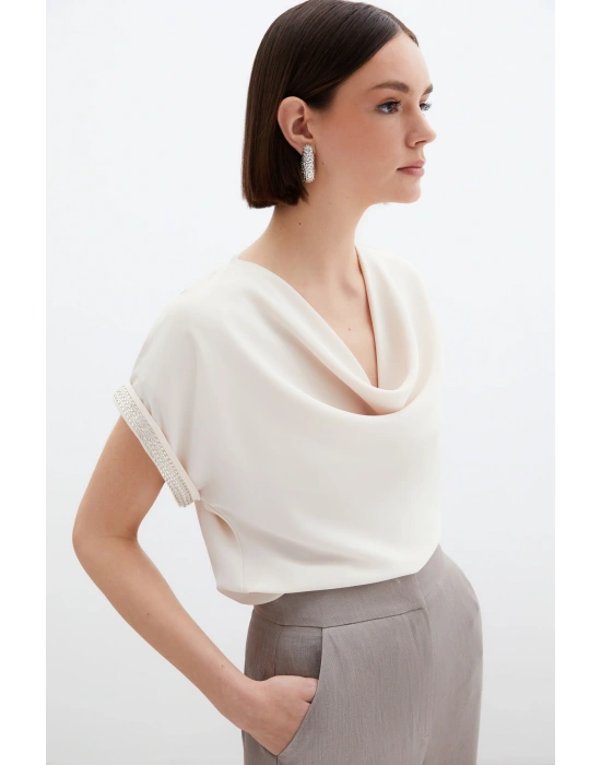 Kollar Taş Detaylı Salaş Bluz - Bej