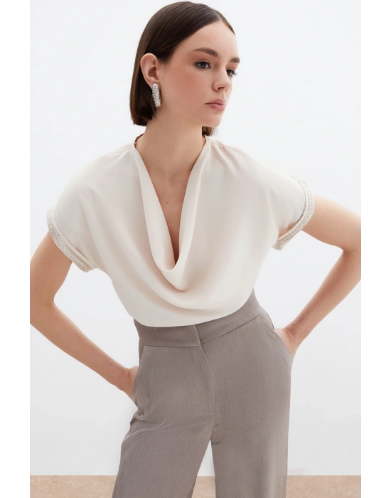 Kollar Taş Detaylı Salaş Bluz - Bej