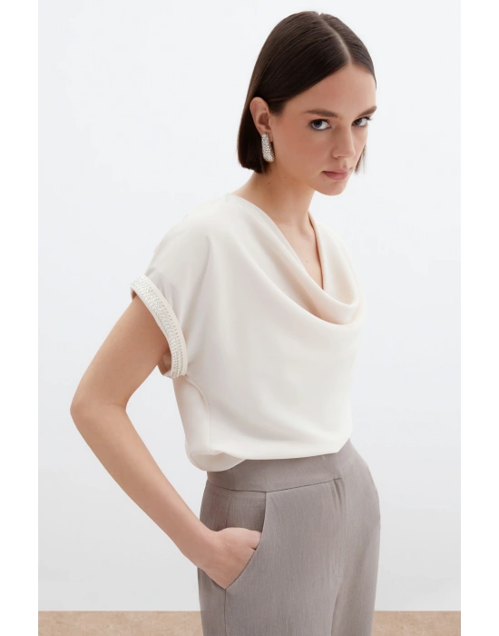Kollar Taş Detaylı Salaş Bluz - Bej