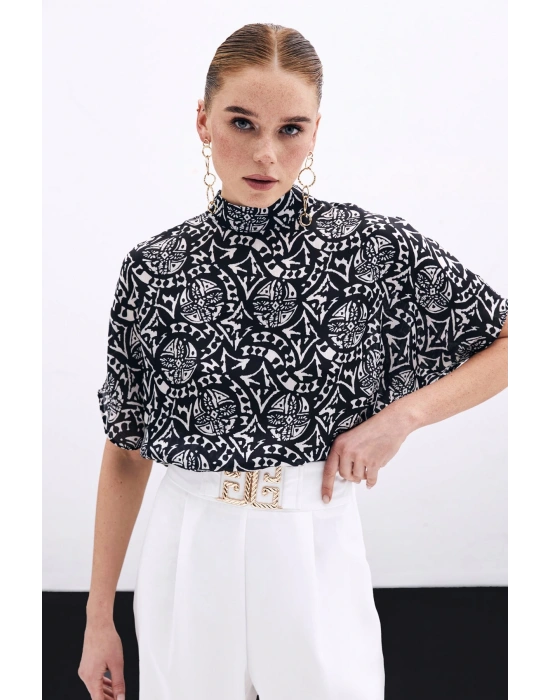 Kısa Kol Desenli Bluz - Siyah