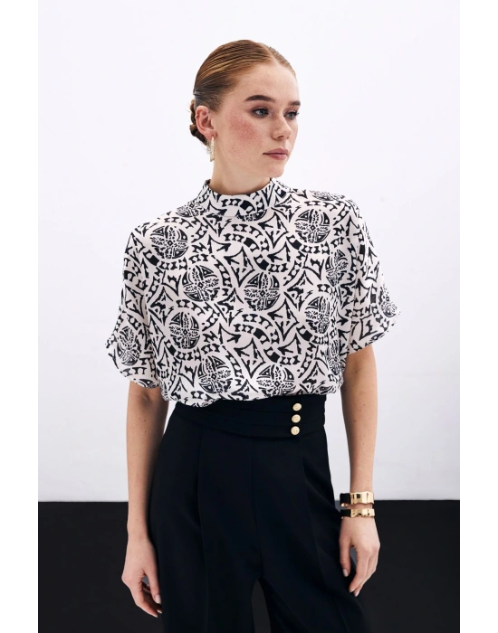 Kısa Kol Desenli Bluz - Ekru
