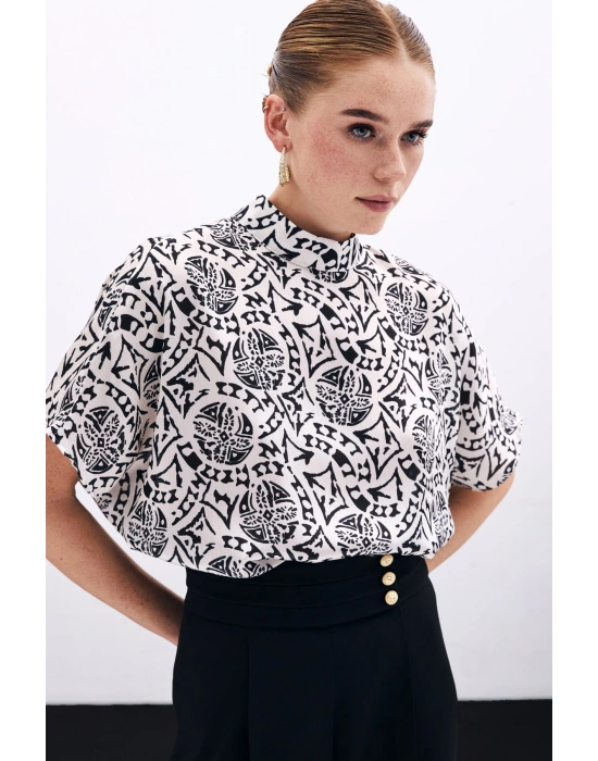 Kısa Kol Desenli Bluz - Ekru