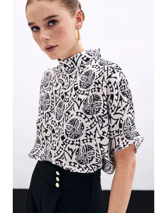 Kısa Kol Desenli Bluz - Ekru
