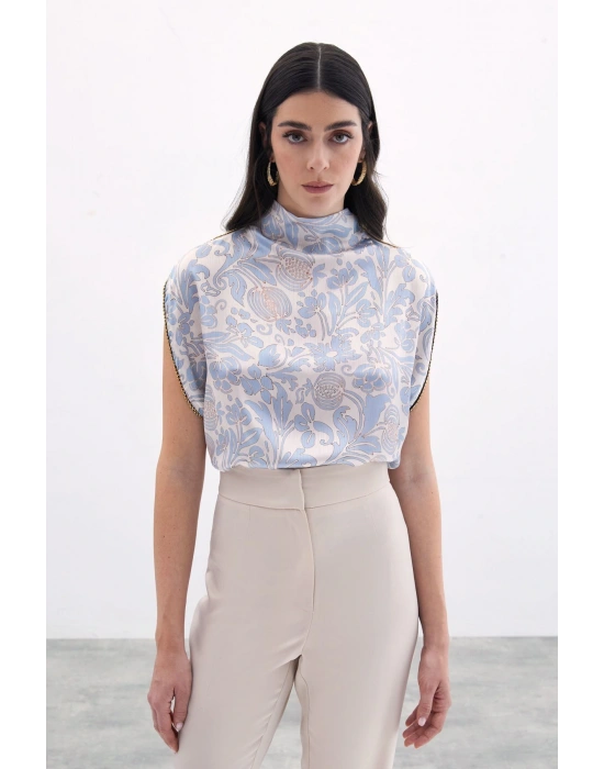 Aksesuarlı Yarasa Kol Bluz - Mavi