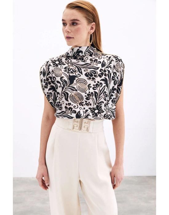 Aksesuarlı Yarasa Kol Bluz - Siyah