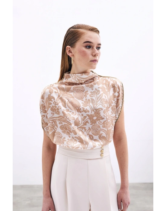 Aksesuarlı Yarasa Kol Bluz - Bej