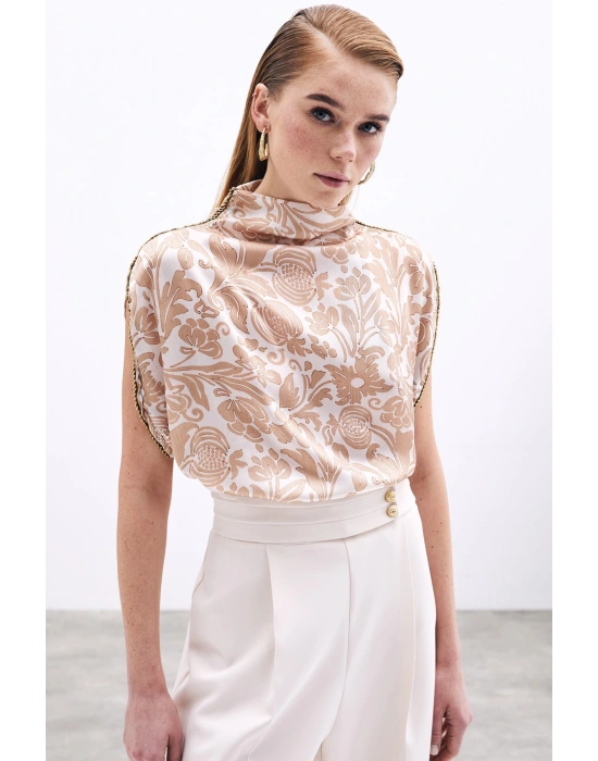 Aksesuarlı Yarasa Kol Bluz - Bej