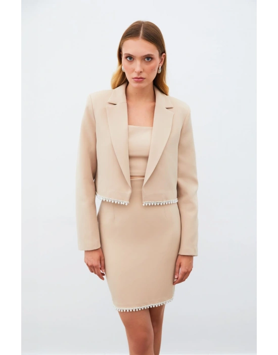 Aksesuarlı Kısa Ceket - Bej