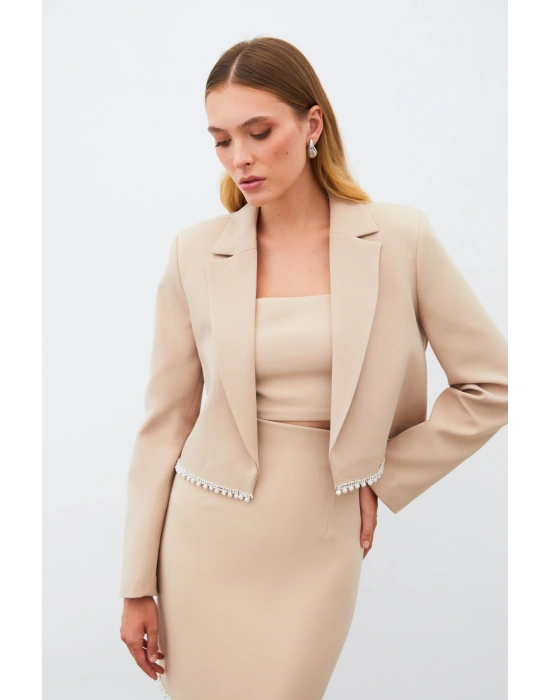 Aksesuarlı Kısa Ceket - Bej