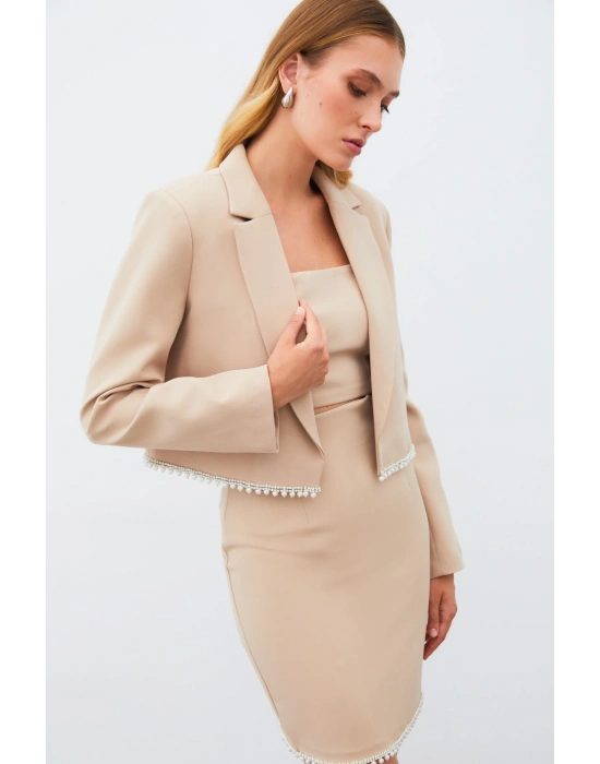 Aksesuarlı Kısa Ceket - Bej