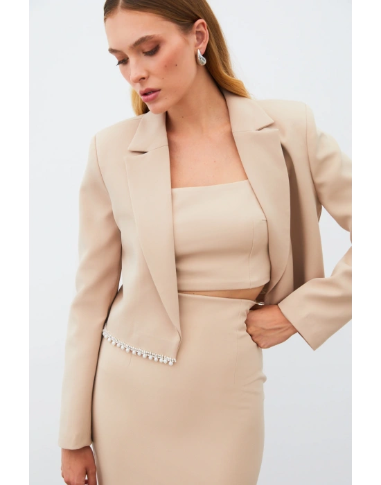 Aksesuarlı Kısa Ceket - Bej