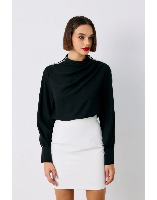Omuz Aksesuarlı Bluz - SİYAH