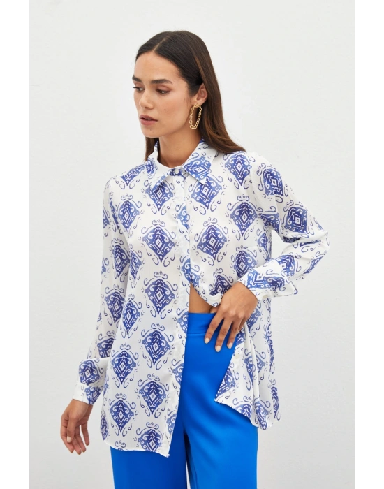 Desenli Düz Gömlek - SAX MAVİ