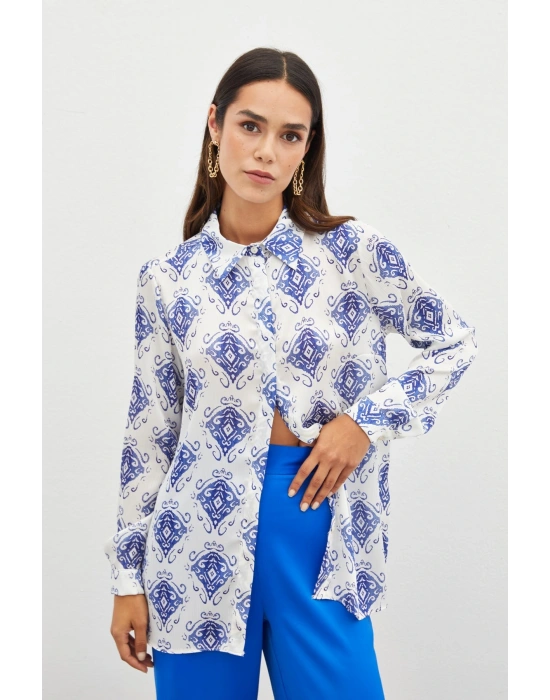 Desenli Düz Gömlek - SAX MAVİ
