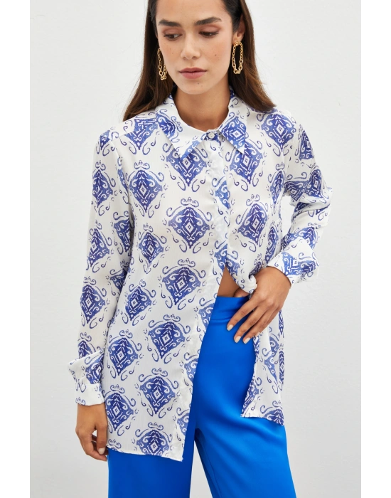 Desenli Düz Gömlek - SAX MAVİ