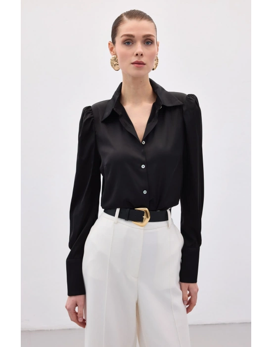 Vatkalı Saten Gömlek - Siyah