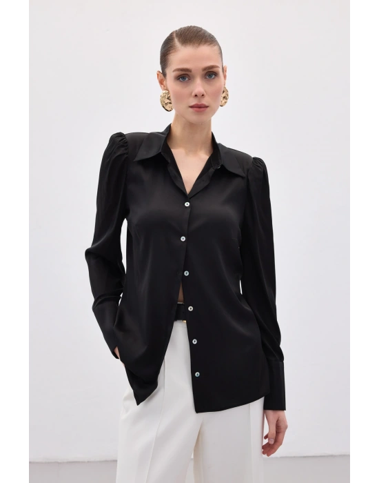 Vatkalı Saten Gömlek - Siyah