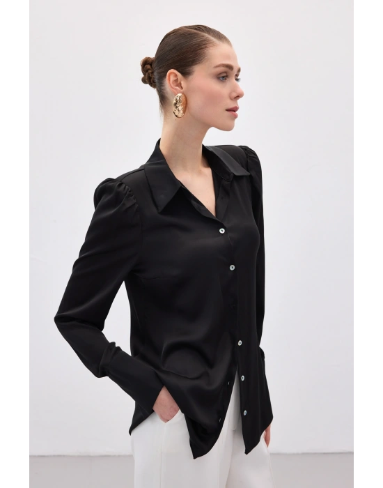 Vatkalı Saten Gömlek - Siyah