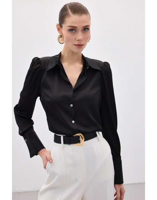 Vatkalı Saten Gömlek - Siyah