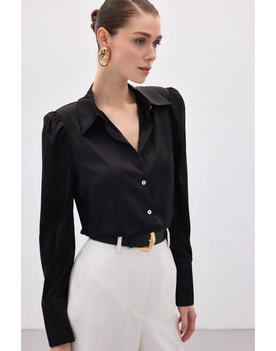Vatkalı Saten Gömlek - Siyah
