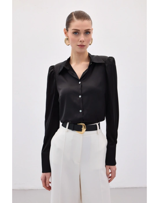 Vatkalı Saten Gömlek - Siyah
