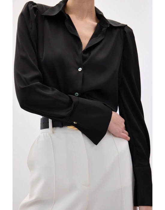 Vatkalı Saten Gömlek - Siyah