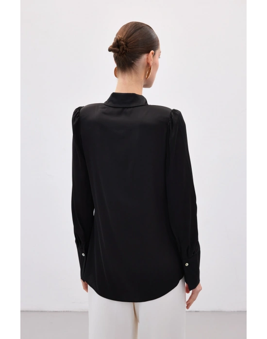 Vatkalı Saten Gömlek - Siyah