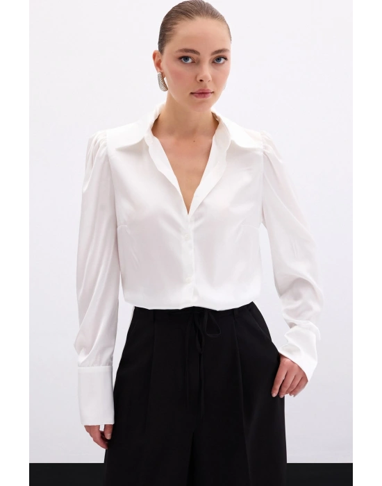 Vatkalı Saten Gömlek - Ekru